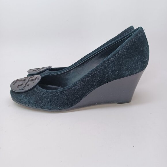 Tory Burch Shoes Sophie Miller Black Suede Wedge Leather Logo on Toe Womens 5 M - Picture 2 of 14